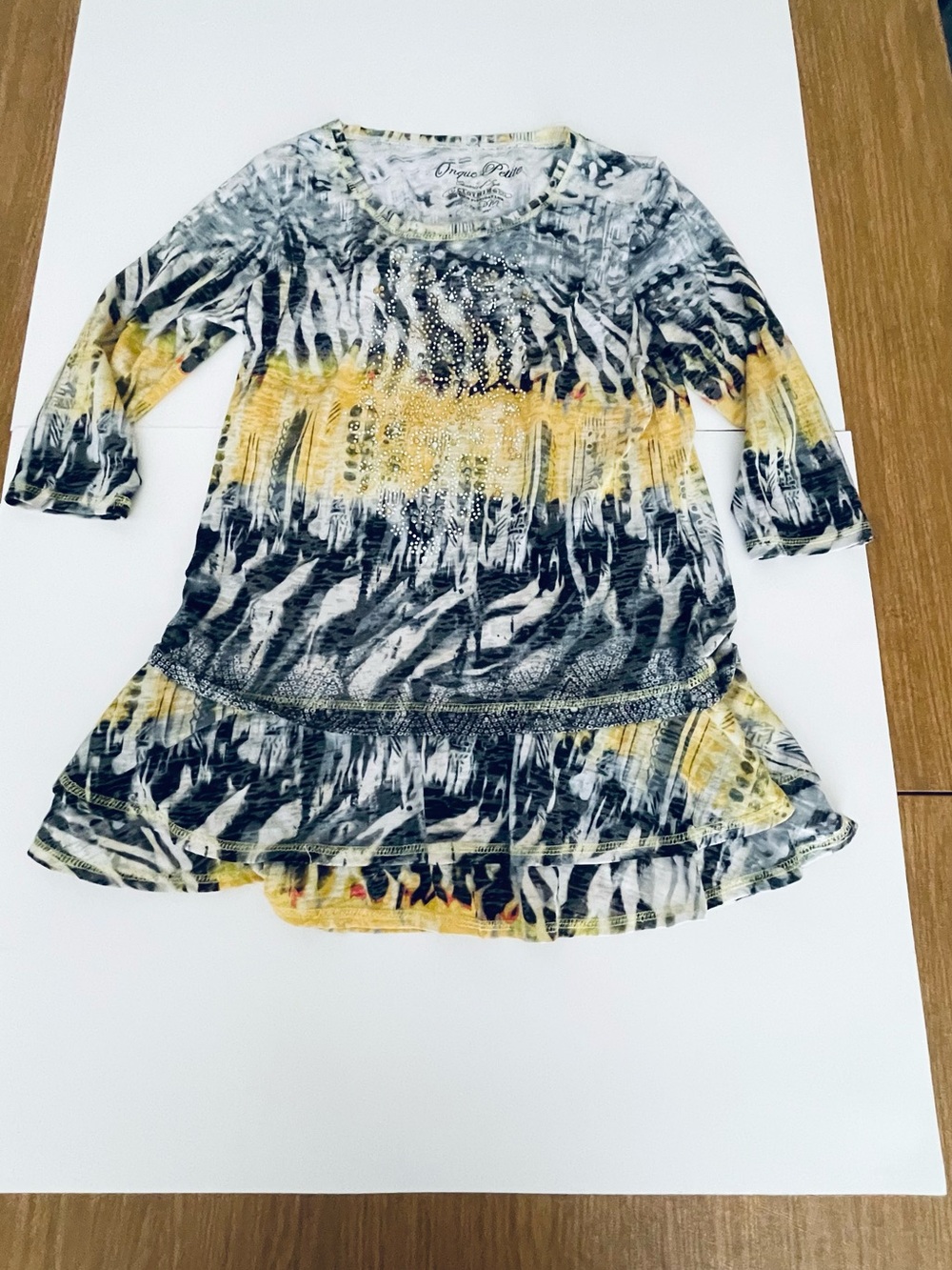 Yellow & Black Printed Ruffle Hem Blouse with rinestone accents